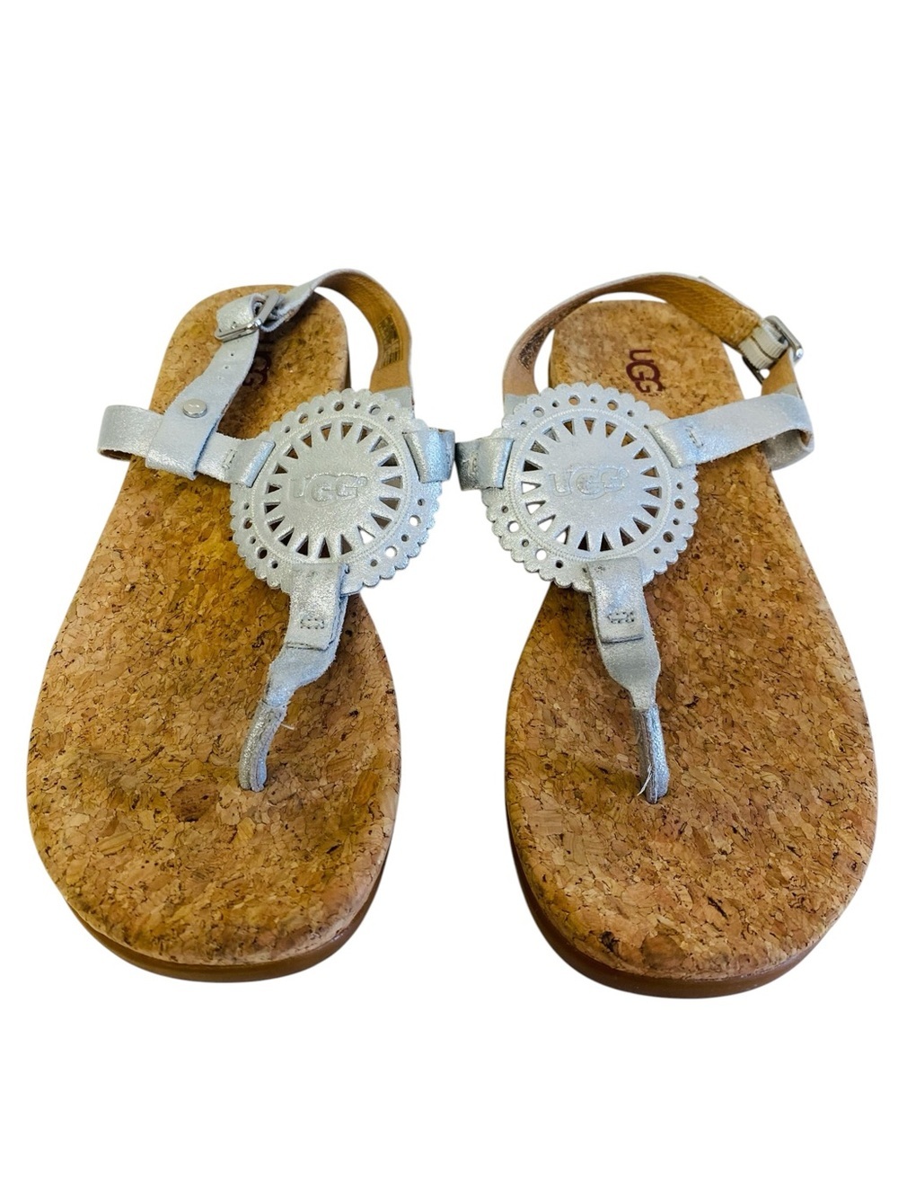UGG Silver Metallic Leather Ayden II T Strap Sandals Size 9